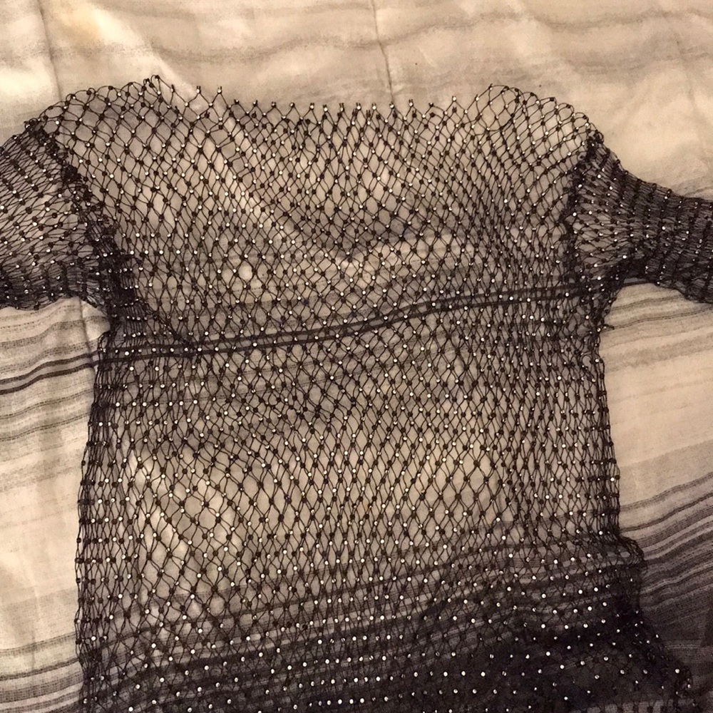 Black netted long sleeve shirt with diamonds